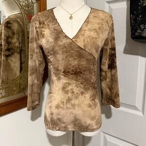 VTG Y2K Only Nine Light Brown Tie Dye Sequin Embroidered 3/4 Sleeve Boho Top M